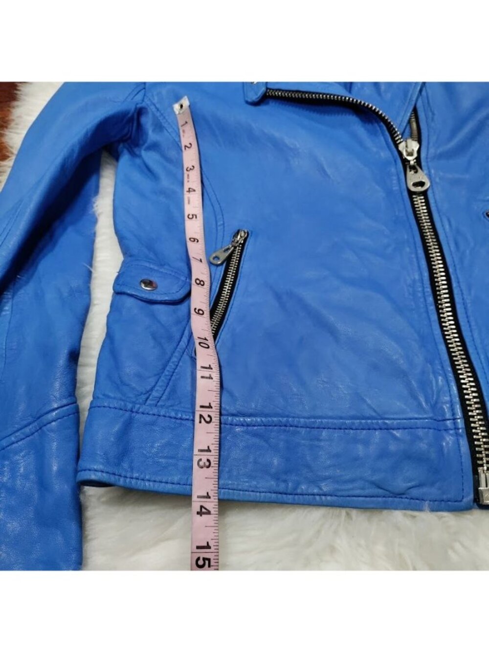 Doma Womens Blue Leather Moto Jacket XS With Zipper Details & Asymmetrical Front - Picture 11 of 15